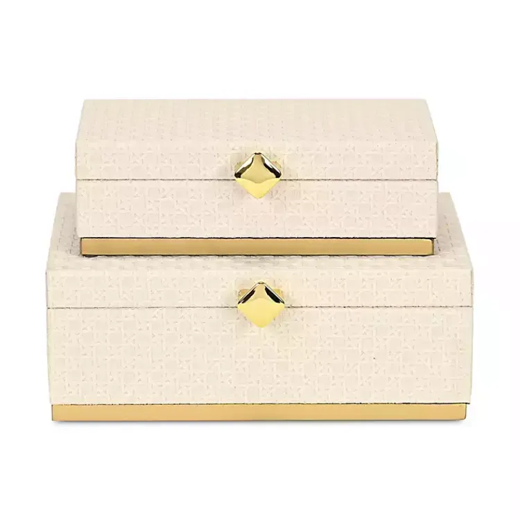 New White Vinyl Rattan Rectangular Boxes, Set of 2 Baskets & Boxes