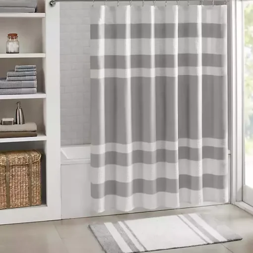 Kirklands Home Bathroom Rugs|White with Stripe Reversible Bath Mat, 45 in. Gray