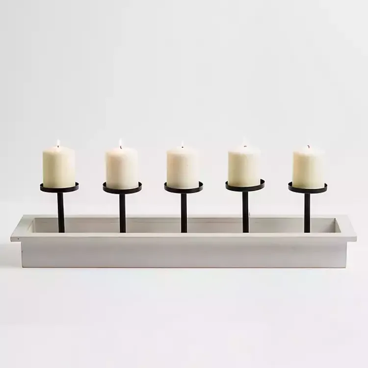 White Wood and Metal Pillar Candle Runner Candle Holders