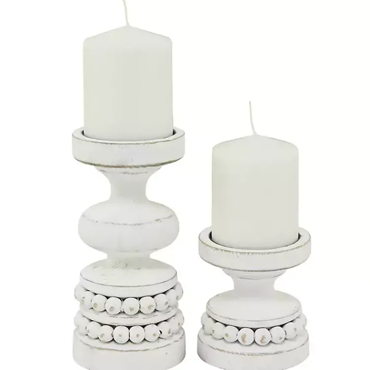 Outlet Wood Beaded Pillar Candle Holders, Set of 2 Candle Holders
