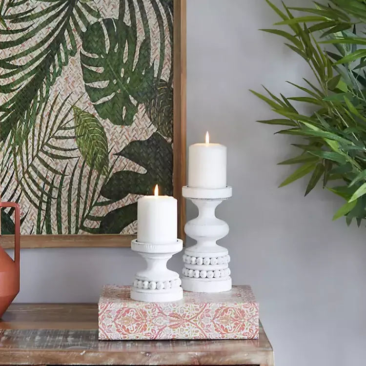 Outlet Wood Beaded Pillar Candle Holders, Set of 2 Candle Holders