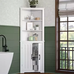 Kirklands Home Bathroom Furniture|Wood 2-Door Corner Storage Cabinet White