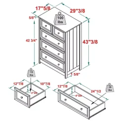 Kirklands Home Dressers & Chests|White Wood Five Framed Drawers Dresser