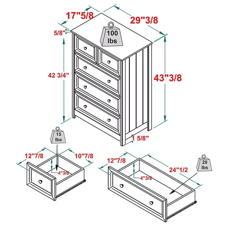 Kirklands Home Dressers & Chests|White Wood Five Framed Drawers Dresser