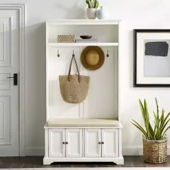 Kirklands Home Entryway Furniture|Wood Hall Tree with Cushioned Bench White