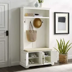 Kirklands Home Entryway Furniture|Wood Hall Tree with Cushioned Bench White