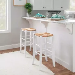 Kirklands Home Bar Stools & Counter Height Stools|White Wood Seagrass Backless 2-pc. Bar Stool Set Tan