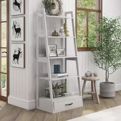 Kirklands Home Bookshelves|Wood 5-Shelf Leaning Bookshelf White