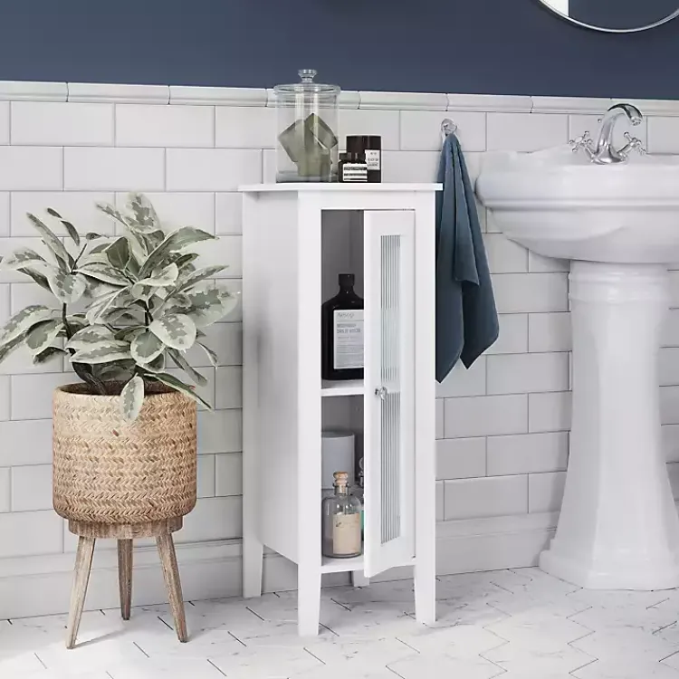 Kirklands Home Bathroom Furniture|Wood Slim Single Glass Door Floor Cabinet White