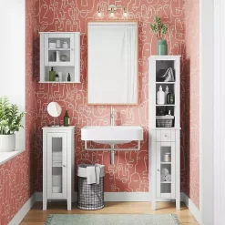 Kirklands Home Bathroom Furniture|Wood Slim Single Glass Door Floor Cabinet White