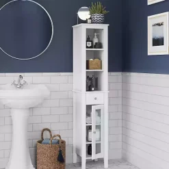 Kirklands Home Bathroom Furniture|Wood Tall Single Pane Glass Door Cabinet White