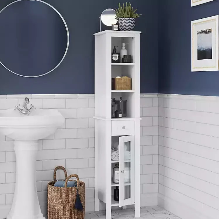 Kirklands Home Bathroom Furniture|Wood Tall Single Pane Glass Door Cabinet White