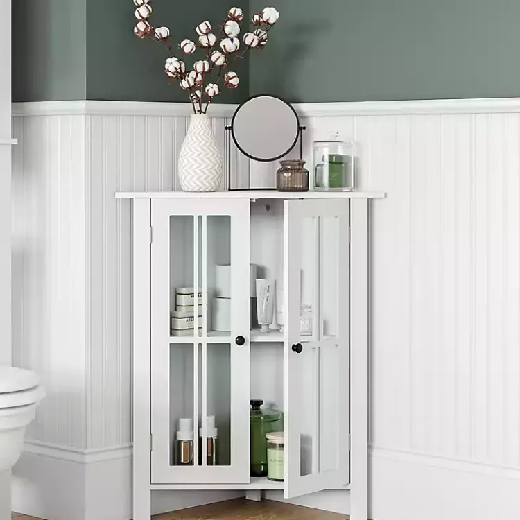 Kirklands Home Bathroom Furniture|Wood Two Pane Glass Doors Corner Cabinet White