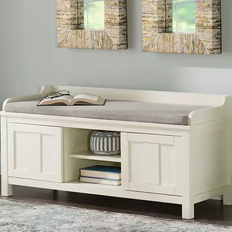Kirklands Home Benches & Ottomans|White Wood Upholstered Storage Bench