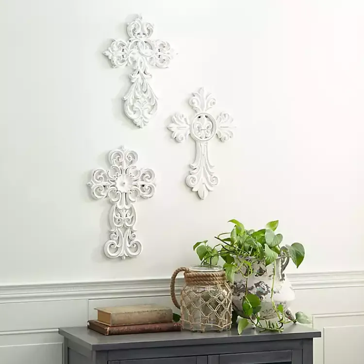 Kirklands Home Wall Plaques|Wood Wall Cross Wall Plaques, Set of 3 White