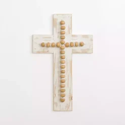 Kirklands Home Wall Plaques|Whitewashed Beaded Wood Cross Wall Plaque