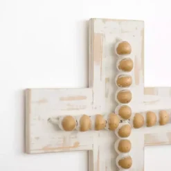 Kirklands Home Wall Plaques|Whitewashed Beaded Wood Cross Wall Plaque