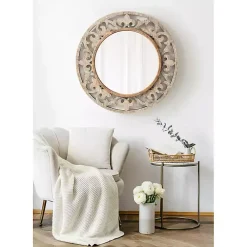 Kirklands Home Decorative Mirrors|washed Wood Round Shavali Mirror White