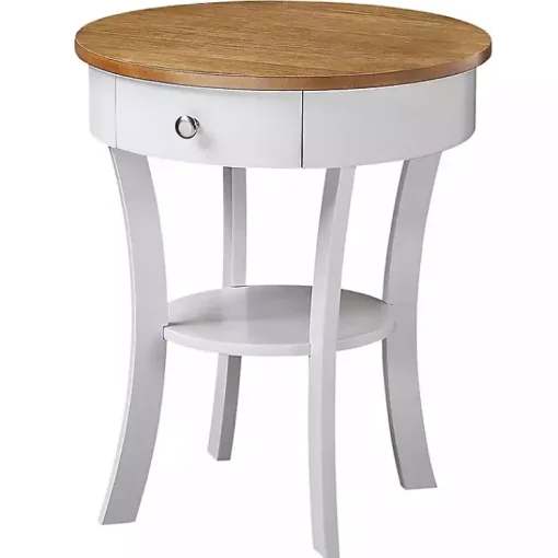 Kirklands Home Accent & End Tables|Wood & White Curved Legs Round Drawer Accent Table Brown