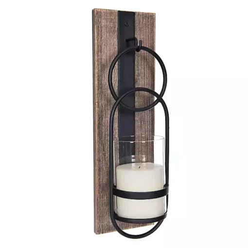 Clearance Wood and Black Metal Geometric Sconce Sconces