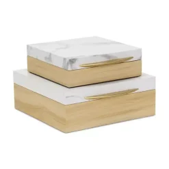 Sale Wood and Faux Marble Square Boxes, Set of 2 Baskets & Boxes