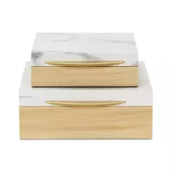Sale Wood and Faux Marble Square Boxes, Set of 2 Baskets & Boxes