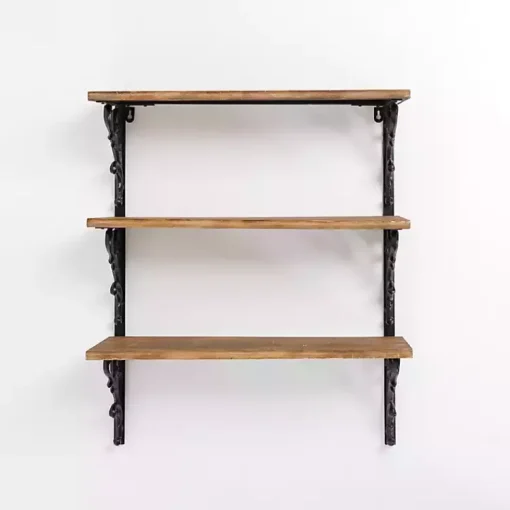 Kirklands Home Shelves|Wood and Iron Scroll 3-Tier Wall Shelf