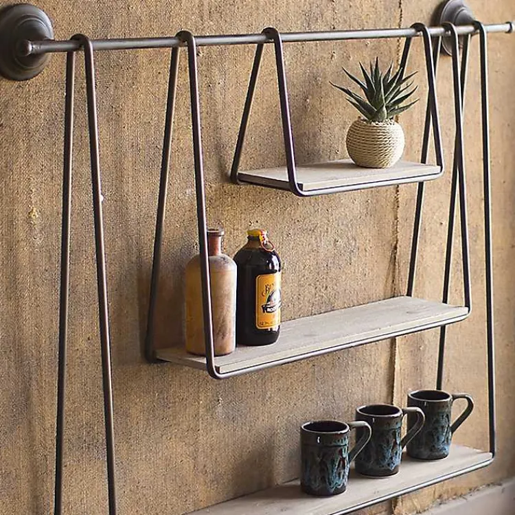 Kirklands Home Shelves|Wood and Metal Three-Tier Side Modern Wall Shelf