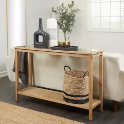 Kirklands Home Entryway Furniture|Wood Glass Top Console Table with Rattan Shelf Brown