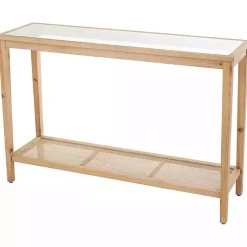 Kirklands Home Entryway Furniture|Wood Glass Top Console Table with Rattan Shelf Brown