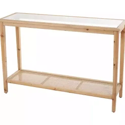 Kirklands Home Entryway Furniture|Wood Glass Top Console Table with Rattan Shelf Brown