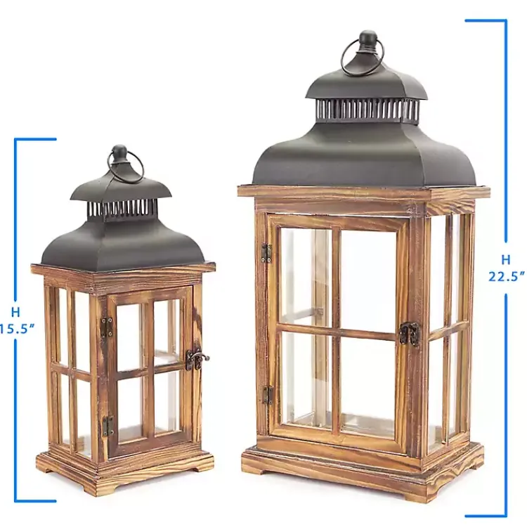 Hot Wood Windowpane Slope Top Lanterns, Set of 2 Lanterns