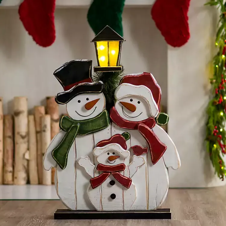New Wooden LED Light Post Snowman Family Outdoor Christmas Decorations