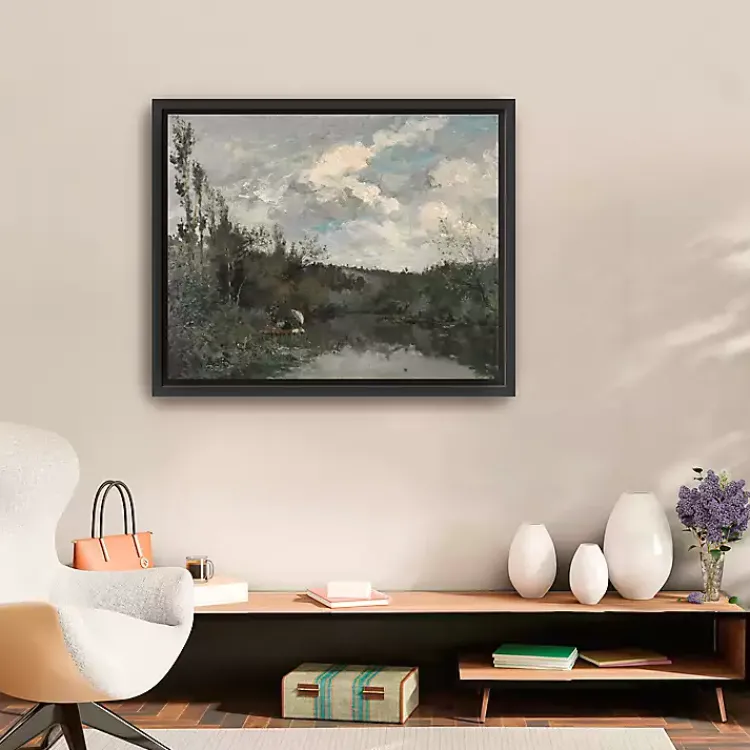 Kirklands Home Canvas Art|Woodland Lake Framed Canvas Art Print Gray