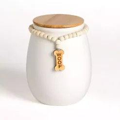 Kirklands Home Pet Dishes & Canisters|Woof Ceramic Dog Treat Canister with Beaded Accent White