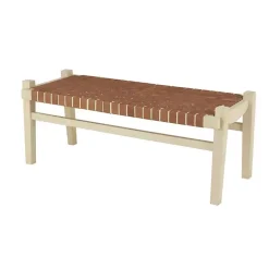 Kirklands Home Benches & Ottomans|Woven Camel Leather Natural Wood Bench Brown