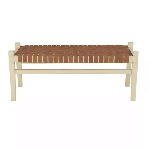 Kirklands Home Benches & Ottomans|Woven Camel Leather Natural Wood Bench Brown