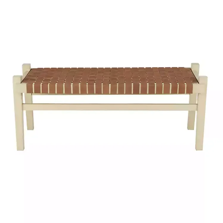 Kirklands Home Benches & Ottomans|Woven Camel Leather Natural Wood Bench Brown