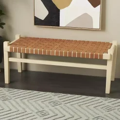 Kirklands Home Benches & Ottomans|Woven Camel Leather Natural Wood Bench Brown
