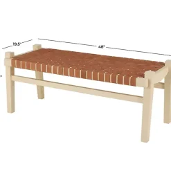 Kirklands Home Benches & Ottomans|Woven Camel Leather Natural Wood Bench Brown