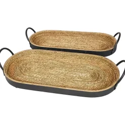 New Woven Jute and Black Wood Trays, Set of 2 Decorative Trays