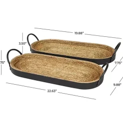 New Woven Jute and Black Wood Trays, Set of 2 Decorative Trays