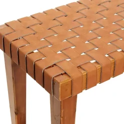 Kirklands Home Benches & Ottomans|Woven Leather Textured Wood Bench Brown