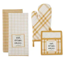 Kirklands Home Kitchen Accessories|Yellow Plaid Eat Drink Enjoy 4-pc. Dish Towel Set