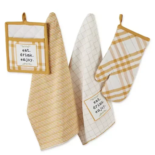 Kirklands Home Kitchen Accessories|Yellow Plaid Eat Drink Enjoy 4-pc. Dish Towel Set