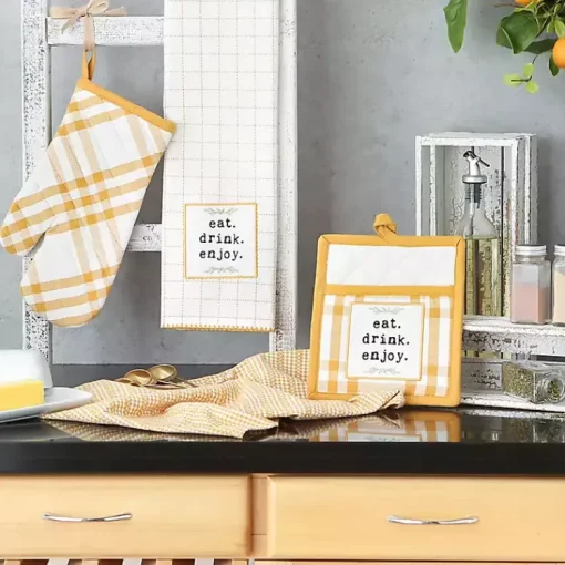 Kirklands Home Kitchen Accessories|Yellow Plaid Eat Drink Enjoy 4-pc. Dish Towel Set