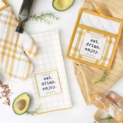 Kirklands Home Kitchen Accessories|Yellow Plaid Eat Drink Enjoy 4-pc. Dish Towel Set