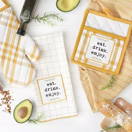 Kirklands Home Kitchen Accessories|Yellow Plaid Eat Drink Enjoy 4-pc. Dish Towel Set