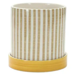 Kirklands Home Planters|Yellow Striped and Bee Decorative Pots, Set of 2