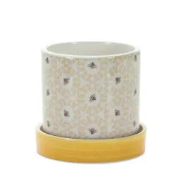 Kirklands Home Planters|Yellow Striped and Bee Decorative Pots, Set of 2